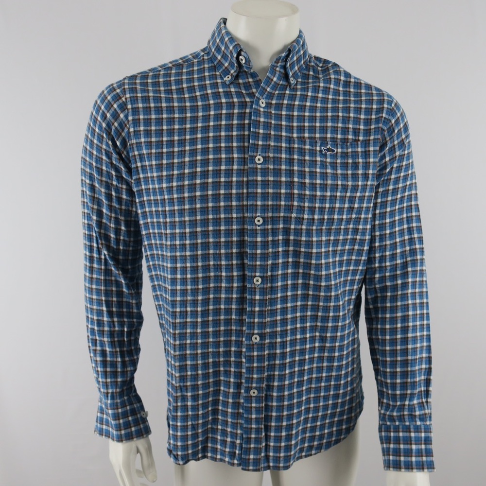 Fish Hippie Button Up Flannel Shirt Mens Small Tailored Fit‎ Blue Cotton